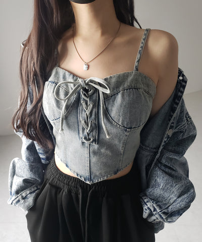 【 ２color 】レースアップリボンコルセットデニムビスチェ ／ lace up ribbon corset denim bustier