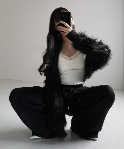 【 カップ付き 】ダブルレースシャギーファーショートビスチェキャミソール ／ double lace shaggy fur short bustier camisole