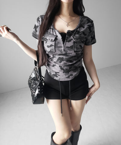 ヴィンテージカモフラアウトポケットジップ半袖Tシャツ ／ vintage camouflage out pocket zip short sleeve T-shirt