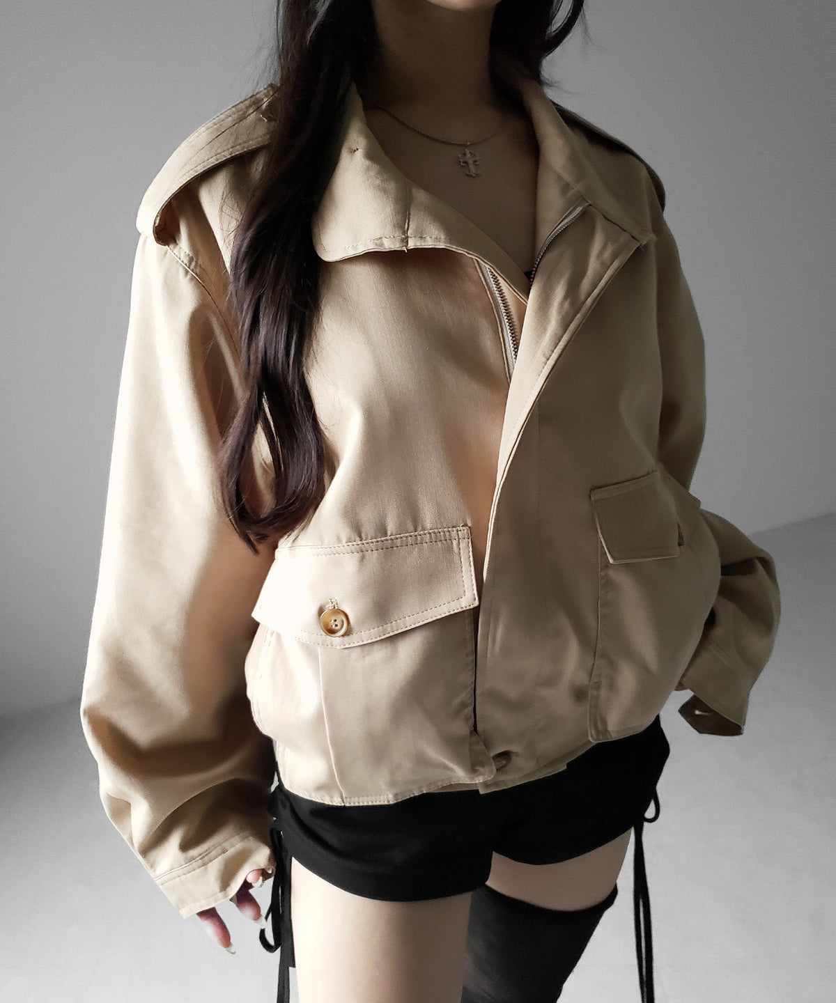 スタンドカラーオーバーショートトレンチコート ／ stand collar over short trench coat