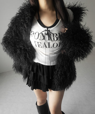 【 クロスネックにできる２WAY 】レースアップフェイクレイヤードロゴカットソートップス ／ laceup fake layered logo cutsew tops