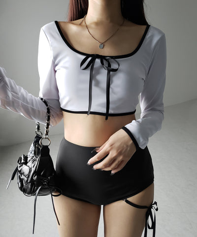 【 レディース水着／２点セット 】フロントリボンモノトーンハイウエストビキニ ／ front ribbon monotone high waist bikini
