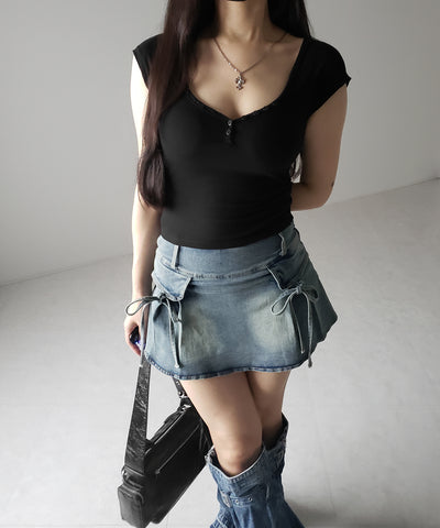 【 ２color ／ ３size 】ヴィンテージライクリボンデニムミニスカパン ／ vintage like ribbon denim mini skirt pants