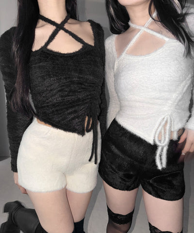 【 ３color 】クロスネックシャーリングリボンシャギートップス ／ cross neck shirring ribbon shaggy tops