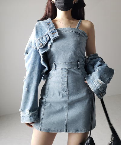 【 ２color 】ウォッシュデニムハイウエストミニキャミワンピース ／ wash denim high waist mini cami onepiece