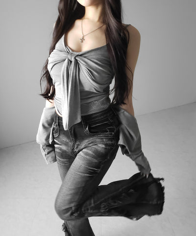 【 ２点セット 】リボンカットソーキャミソール ＋ カーディガンセット ／ribbon cutsew camisole + cardigan SET