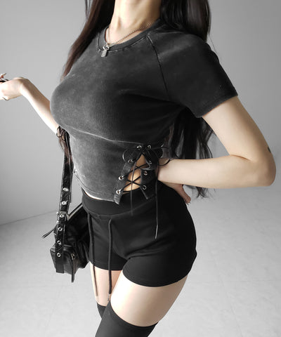 ヴィンテージサイドレースアップカットアウト半袖ショートTシャツ ／ vintage side lace up cutout short short sleeve T-shirts