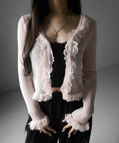 レースフリルシアーニットカーディガン ／ lace frill sheer knit cardigan
