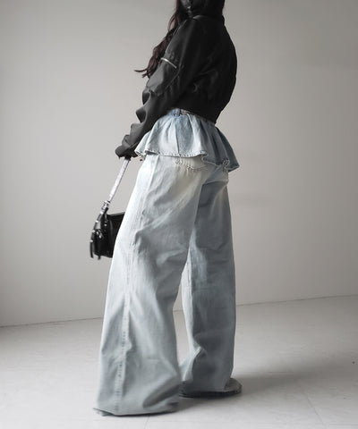 【 ２color ／ ４size 】フリルドッキングレイヤードヴィンテージワイドデニム ／ frll docking layered vintage wide denim