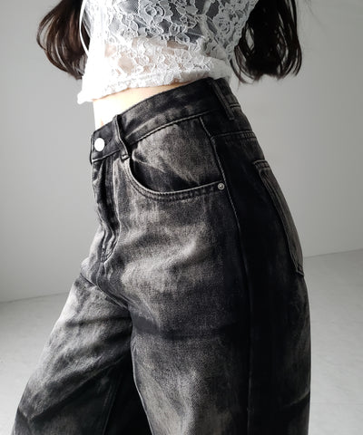 【 ４size 】CRACKクラッシュヘビーブリーチブラックワイドデニム ／ CRACK crash heavy bleach black wide denim