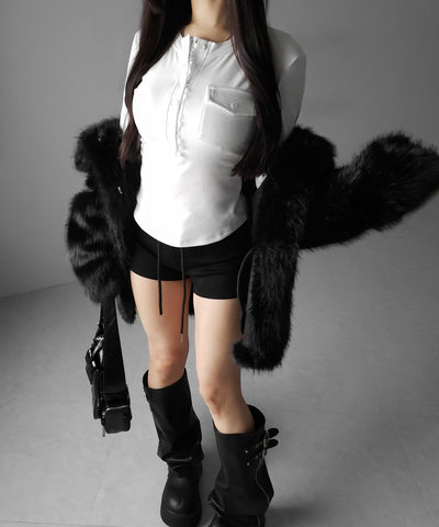 【 裏起毛 】レースドッキングヘンリーネックトップス ／ lace docking henley neck tops