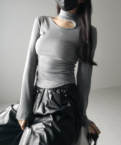 【 ２color 】カットアウトアシメチョーカーカットソートップス ／cutout asymmetry choker cutsew tops