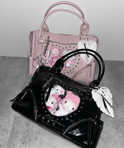 【 限定先行販売 】ハートクリアポケットスタッズフェイクレザートートバッグ ／ heart clear pocket studs fake leather tote bag