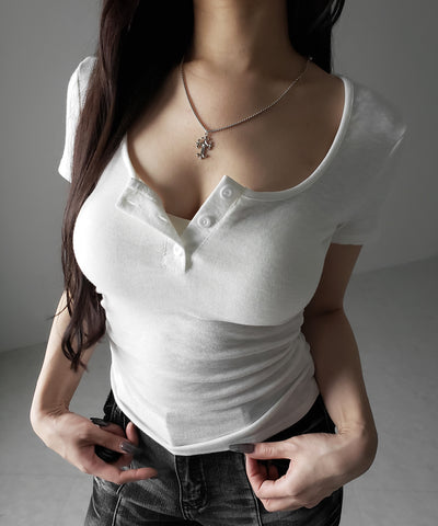 ヘンリーネックスクエアギャザー半袖Ｔシャツ ／henley neck square gather short sleeve T-Shirt