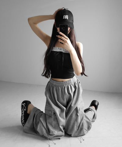 フロントリボンレースショートキャミソール ／ front ribbon lace short camisole