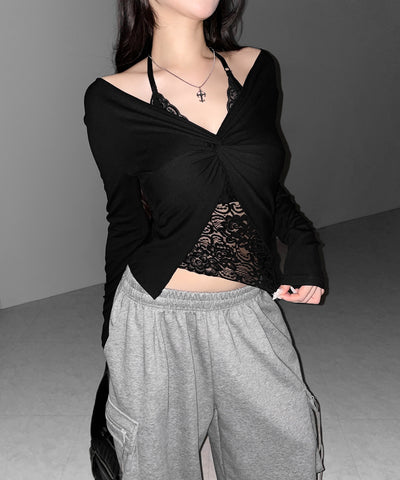 レースレイヤードクロスデザイン長袖Ｔシャツ ／Lace-layered cross design long-sleeved T-shirt
