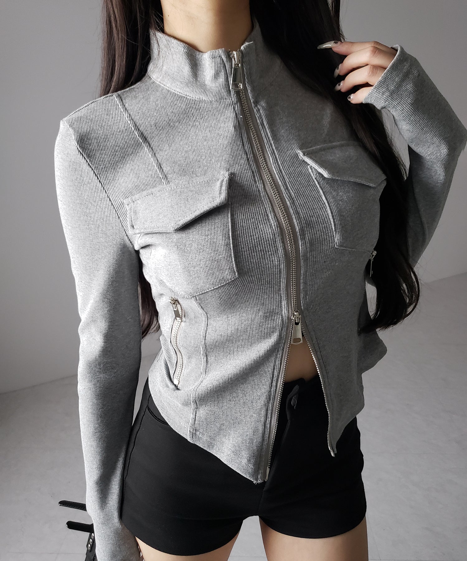 アウトポケットダブルジップスリムリブトップス ／ out pocket double zip slim ribbed tops