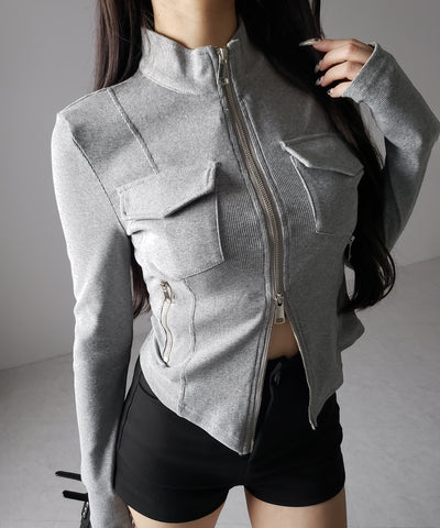 アウトポケットダブルジップスリムリブトップス ／ out pocket double zip slim ribbed tops