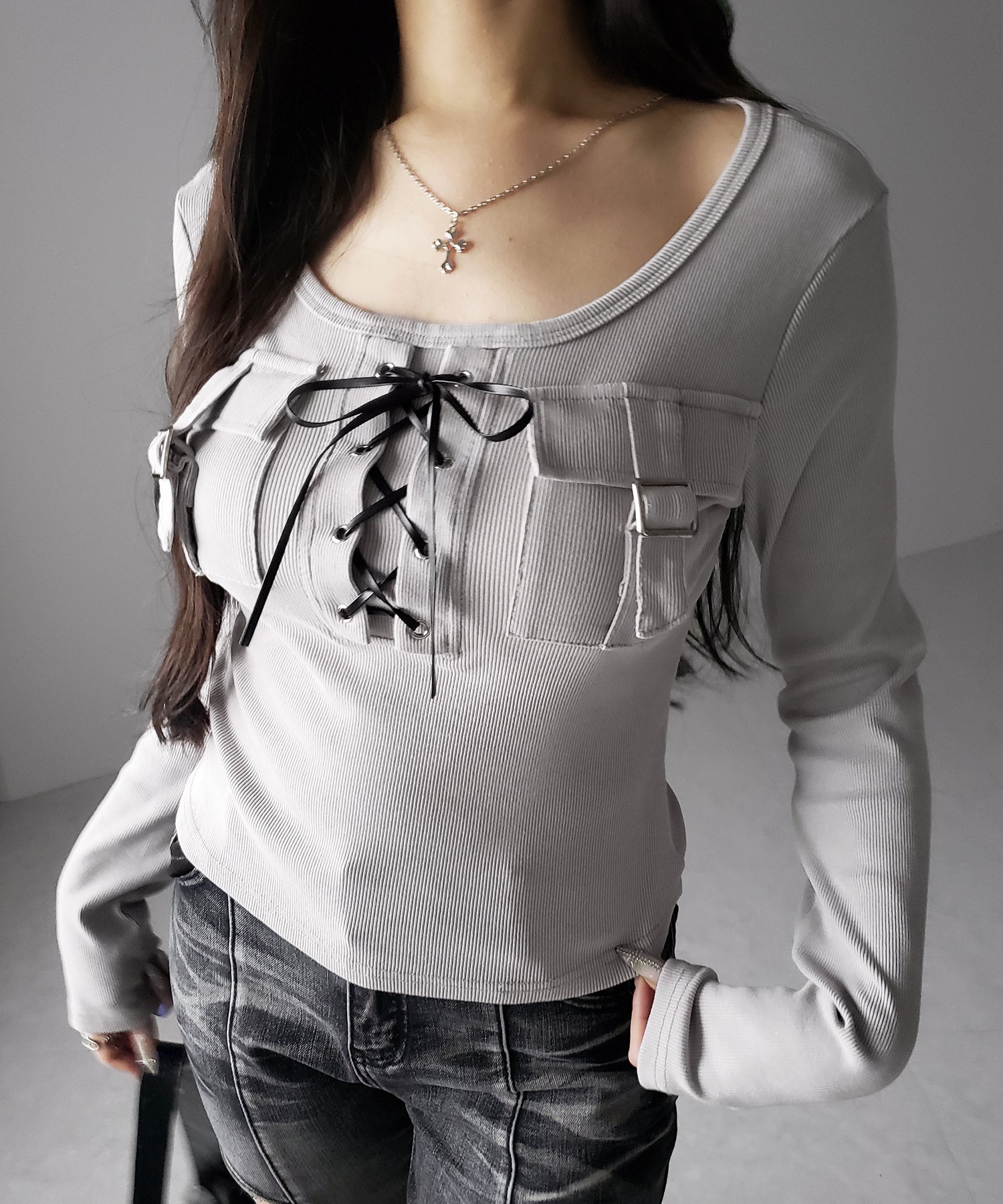 ヴィンテージレースアップアウトポケットスクエアリブロンT ／ vintage laceup outpocket square lib long slleve T-shirts