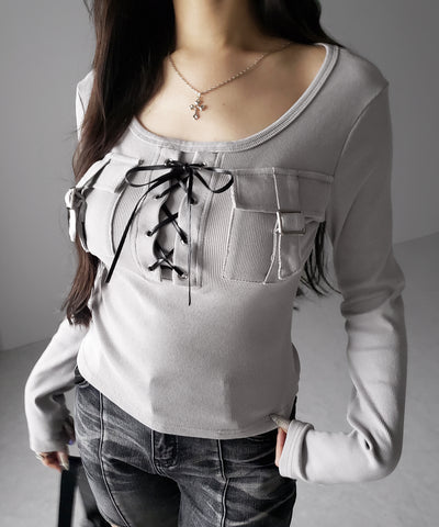 ヴィンテージレースアップアウトポケットスクエアリブロンT ／ vintage laceup outpocket square lib long slleve T-shirts