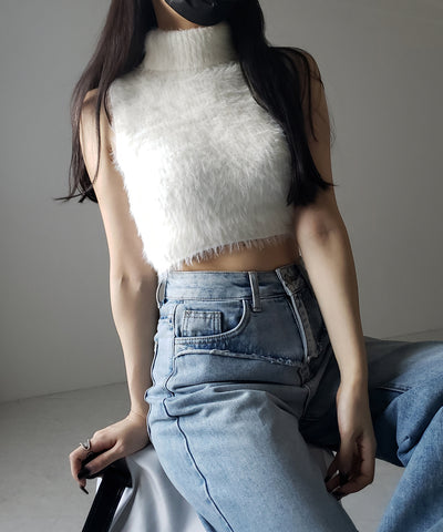【 ３color 】タートルネックショートシャギーノースリニットトップス ／ turtleneck short shaggy nosleeve knit tops
