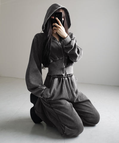 【 セットアップ 】ピグメントヴィンテージショートパーカー ＋ ワイドパンツ SET ／ pigment vintage short hoodie + wide pants SET