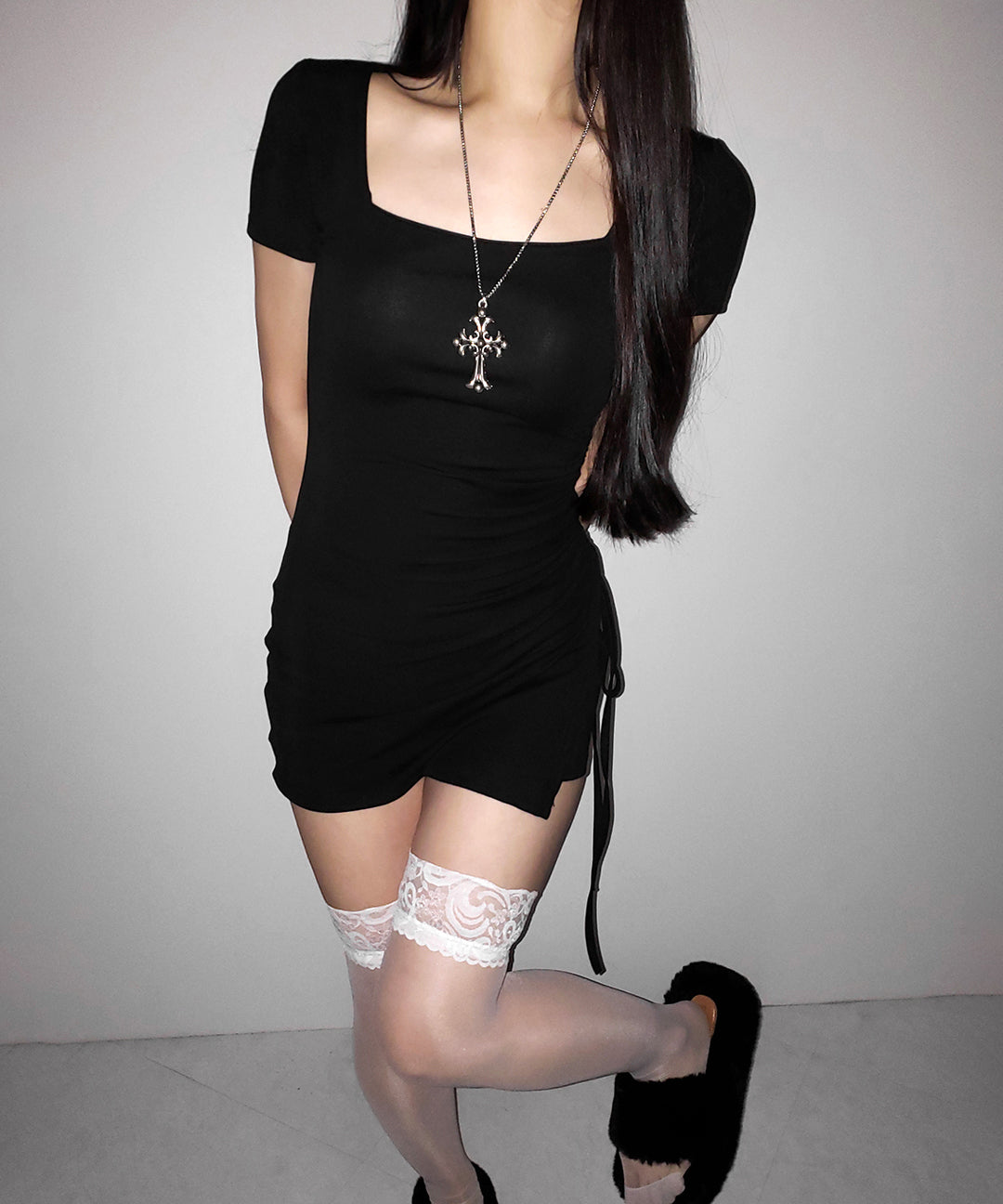【 ２点セット 】スクエアネックサイドシャーリングミニワンピース＆インナーショートパンツ ワンホンセットアップ ／ square neck side shirring mini onepiece & inner short pants wanghong SETUP