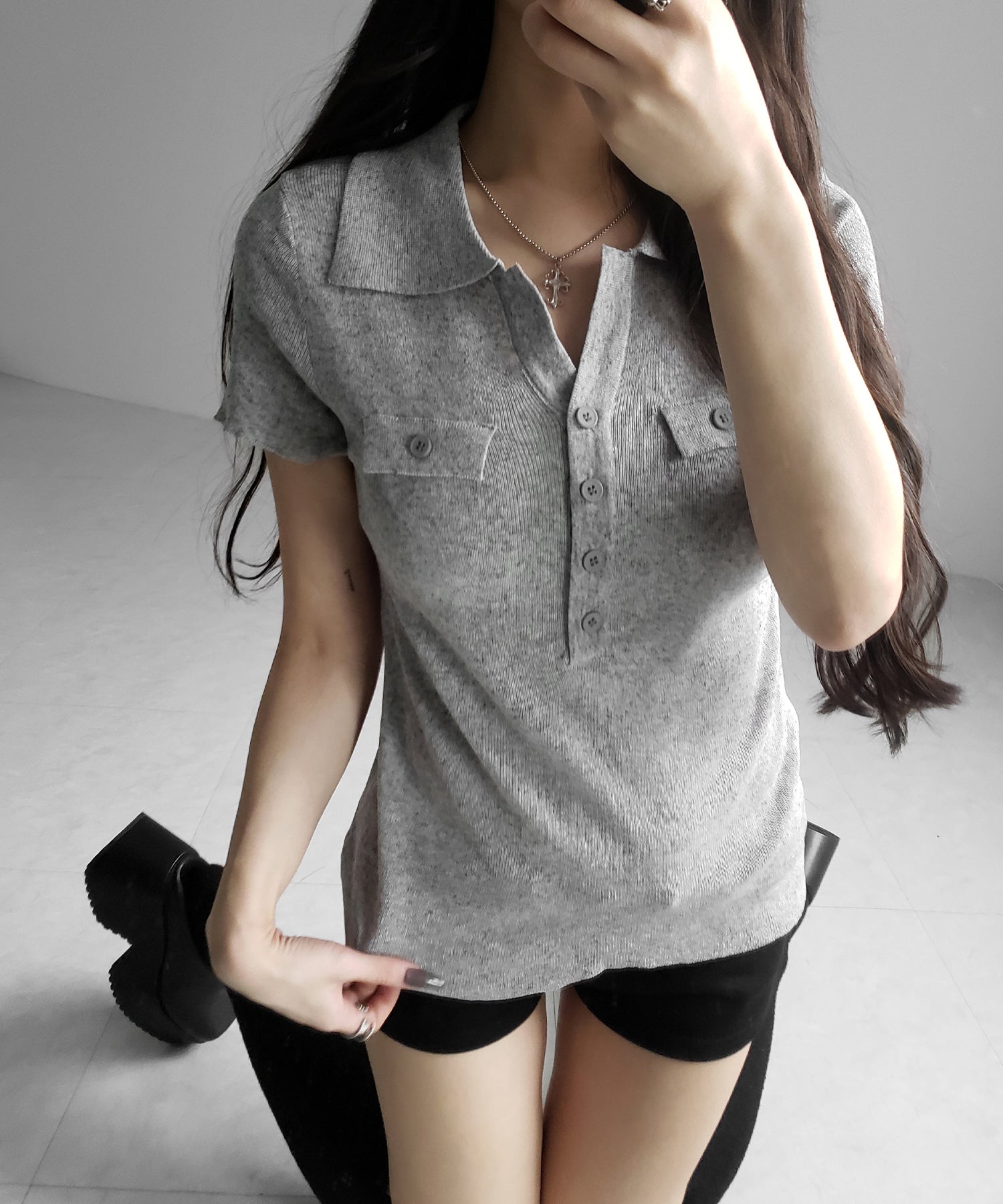 スキッパーボタンロングシアーニットトップス ／ skipper button long sheer knit tops