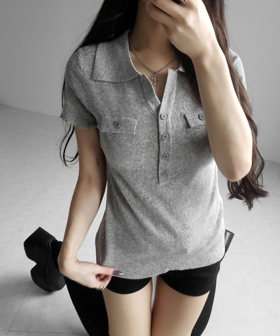スキッパーボタンロングシアーニットトップス ／ skipper button long sheer knit tops