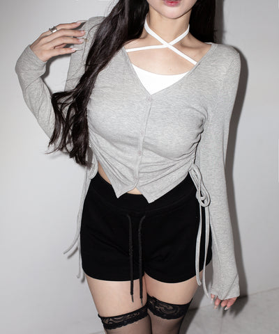 【 ３WAY 】レイヤード風シャーリングリボンリブトップス ／ fake layered shirring ribbon lib tops