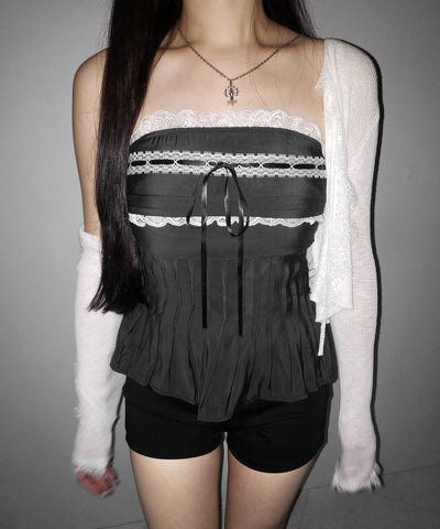 【 ２color 】フロントリボンレースフレアベアトップ ／ front ribbon lace flare bare top