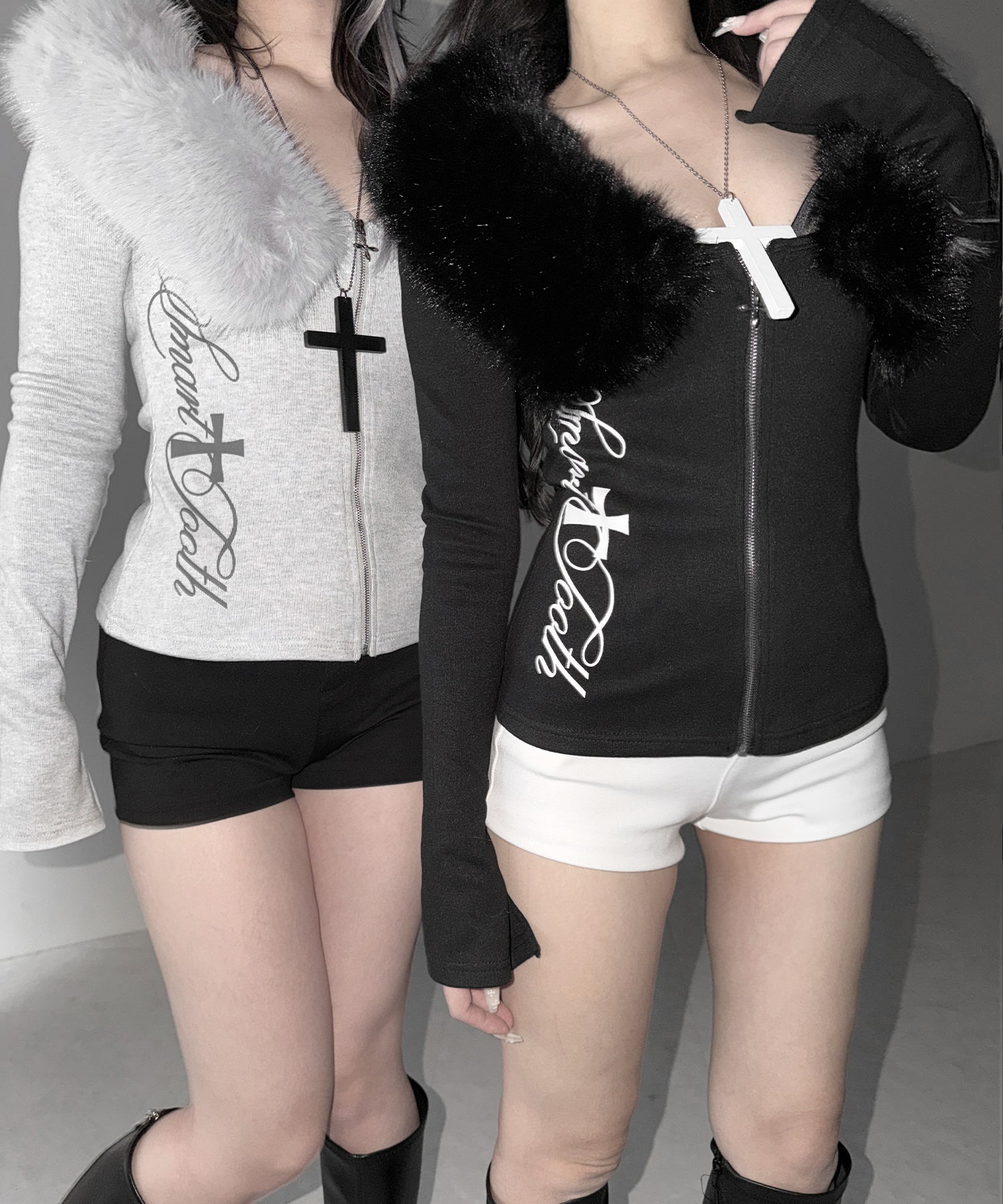 ファー襟クロスロゴジップアップリブカーディガン ／ fur collar cross logo zipup rib cardigan