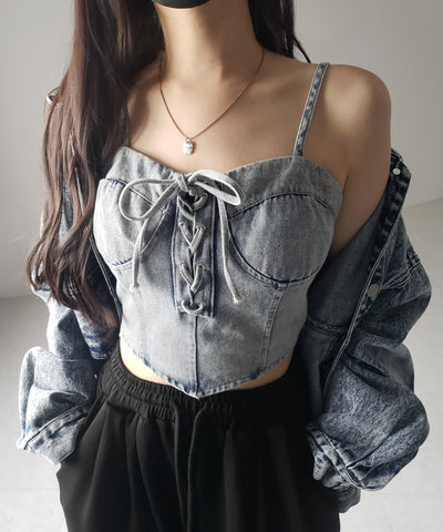 【 ２color 】レースアップリボンコルセットデニムビスチェ ／ lace up ribbon corset denim bustier