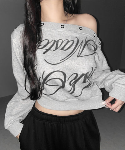 レタリングロゴワンショルスウェットトップス ／ Lettering logo one-shoulder sweat tops
