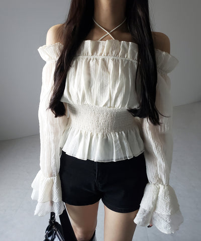 【 ２color ／ ２WAY 】ウエストシャーリングシアーフリルオフショルブラウス ／ waist shirring sheer frill off shoulder blouse
