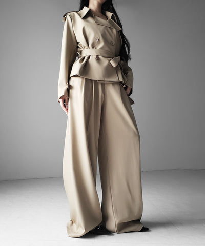 【 上下セットアップ 】ウエストマークショートトレンチコート ＋ タックワイドスラックスパンツ SETUP ／ Waist-mark short trench coat + tuck wide slacks pants
