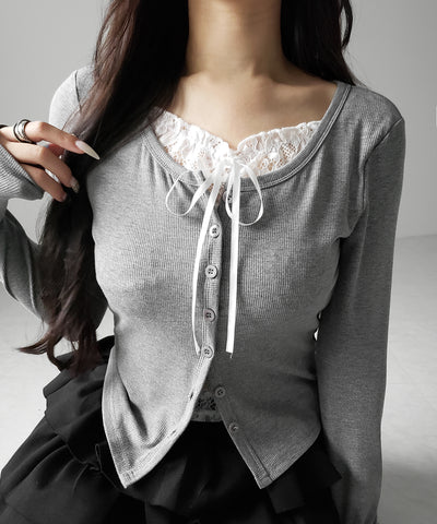 フロントリボンレースレイヤード長袖リブカーディガン ／front ribbon lace layered long-sleeve rib cardigan