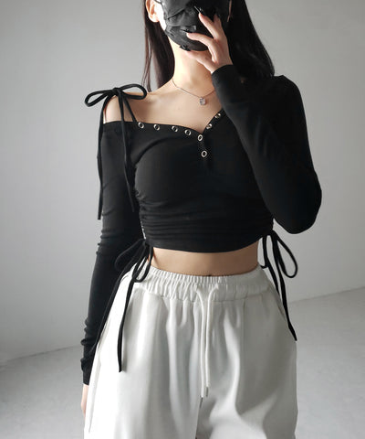 【 ２WAY ／ 裏起毛 】ナナメストラップスナップボタンシャーリングリボントップス ／ naname strap snap button shirring ribbon tops