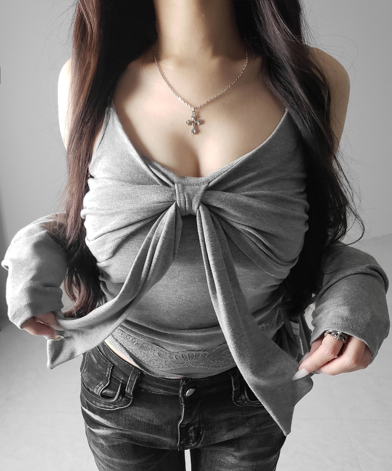 【 ２点セット 】リボンカットソーキャミソール ＋ カーディガンセット ／ribbon cutsew camisole + cardigan SET