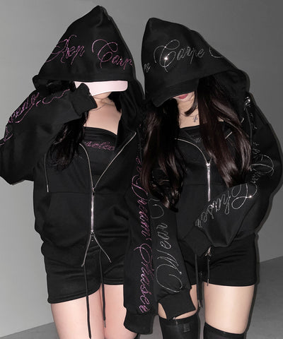 【 セットアップ可能 】ラインストーンロゴダブルジップパーカー ／ Rhine stone logo double zip hoodie