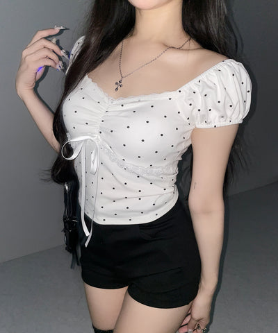 ドットレースリボンギャザーオフショルトップス ／ dot lace ribbon gathered off shoulder tops