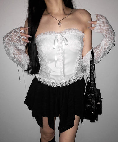 フロントリボンレースフリルコルセットベアトップ ／ front ribbon lace frill corset bare top