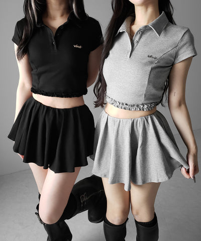 【 セットアップ 】ロゴプレート半袖トップス＋フレアミニスカパン SET ／( SETUP ) logo plate short sleeve tops + flared mini skirt pants