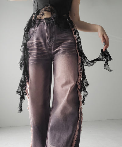 【 ３SIZE 】ヴィンテージピンクウォッシュダメージワイドデニム ／ vintage pink wash damage wide denim