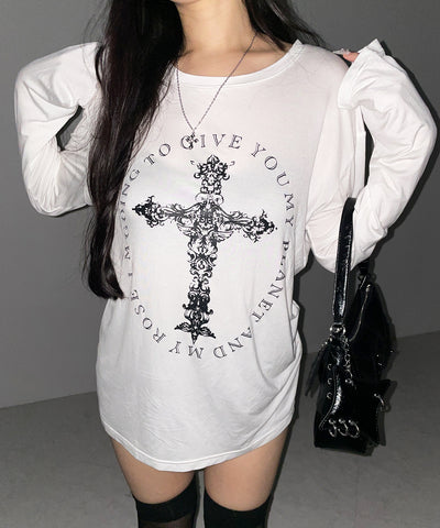 【 ワンショルにできる２ｗａｙ 】クロスロゴプリントワンショルルーズシアーＴシャツ ／ 2WAY cross logo print one shoulder loose sheer T-shirt