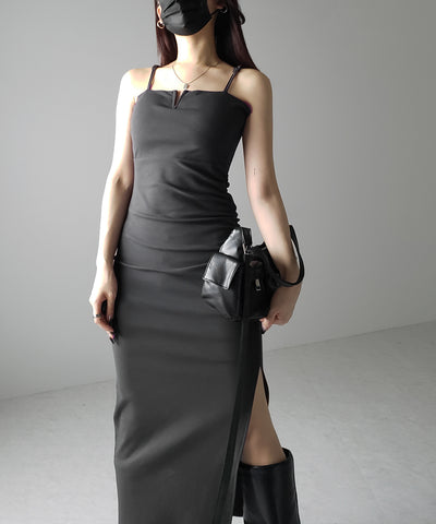 【 パッド付き 】バックストラップサイドシャーリングスリットロングキャミワンピース ／ back strap side shirring slit long cami onepiece