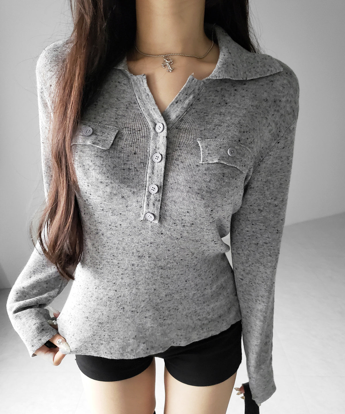 スキッパーボタン長袖ロングニットトップス ／ skipper button long sleeve long sheer knit tops