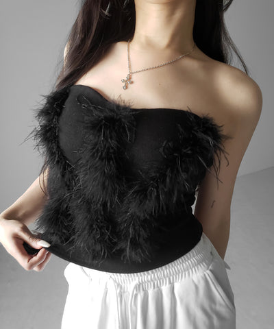 フェザーファードッキングビスチェベアトップ ／ feather fur docking bustier bare tops