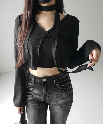 【 ２color ／ ２WAY 】チョーカーロングタイ付きショートシアーカーディガン ／ choker long tie set short sheer cardigan