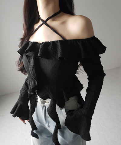 【 ２color 】クロスストラップリボンオフショルダーフリルブラウス ／ cross strap ribbon off shoulder frill blouse